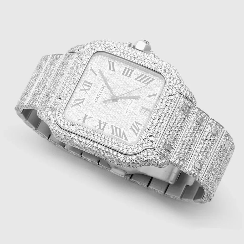 Cartier Santos, 40mm Watch, Moissanite, Black Roman Numerals