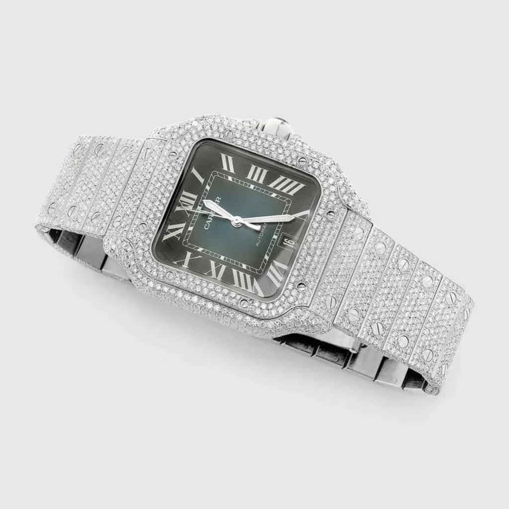 Cartier Santos, 40mm Watch, Moissanite, Blue Dial